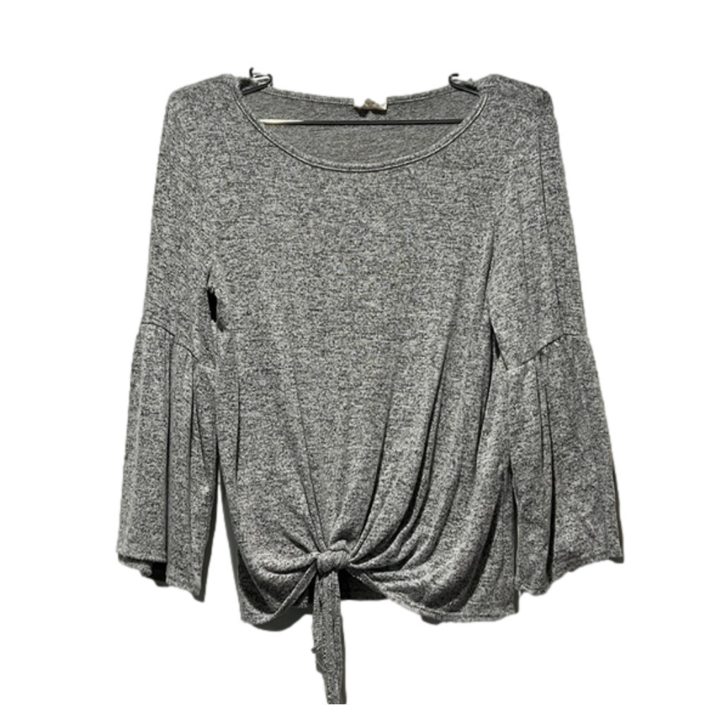 CAUTION to the wind. Gray sweater with 3/4 bell sleeves.
